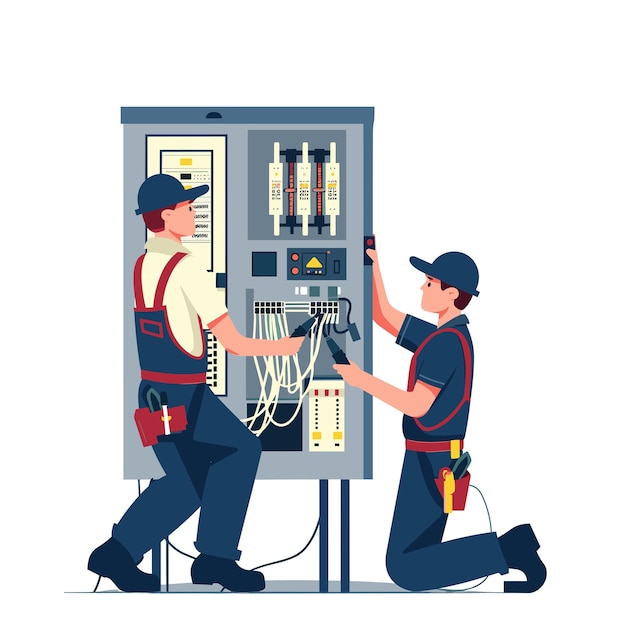 Vector electrician and mechanic working on electrical panel with tools in the style of flat vector illustration