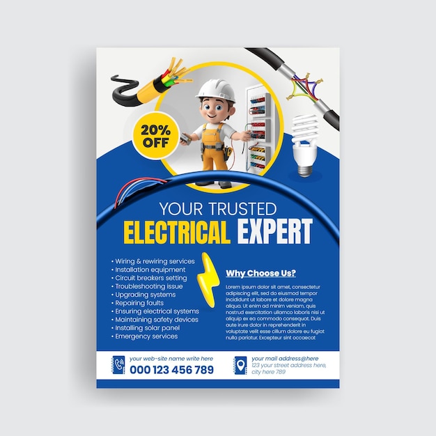 Vector electrician service vertical flyer or poster template