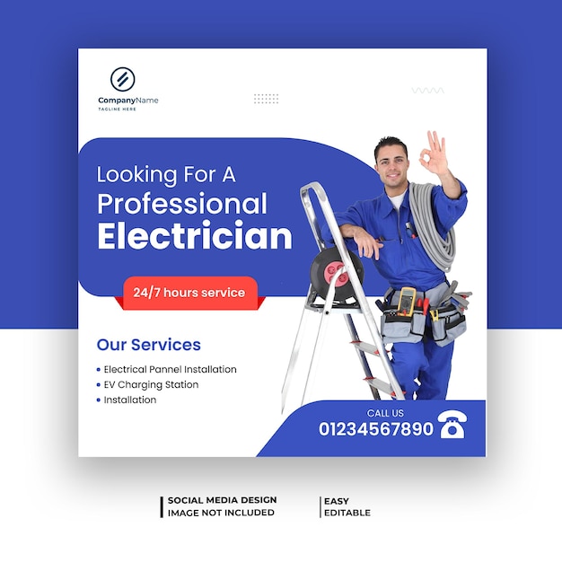 Electrician services  social media post or square banner template