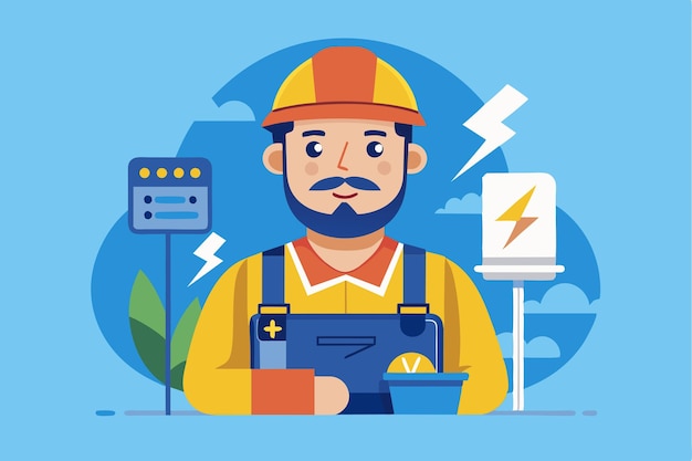 An electrician stands confidently with tools surrounded by electrical symbols ready to tackle any electrical installation or repair task