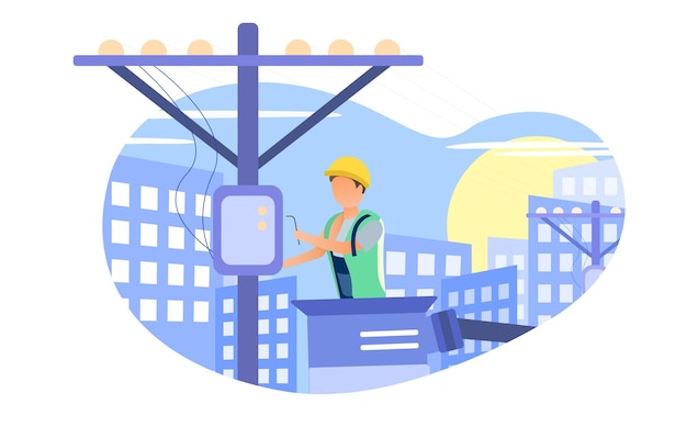 Vector electrician in the tap repairing an electrical system in a big city on a blue background with high