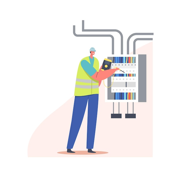 Electrician Worker Examine Working Draft or Measure Voltage at Dashboard. Fire, Energy and Electrical Safety Concept