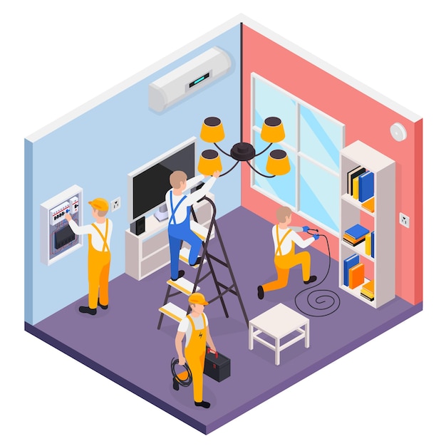 Electricity isometric composition with electricians checking and installing electrical equipment 3d