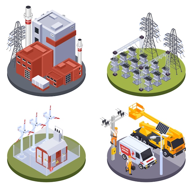 Electricity production plant and alternative sources of energy illustration set