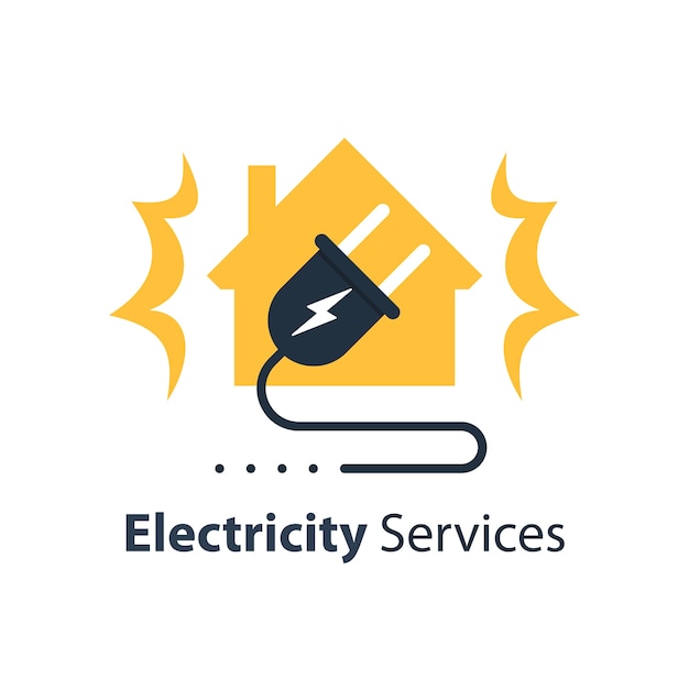 Electricity repair and maintenance services, house and plug with wire, electric safety, flat design illustration