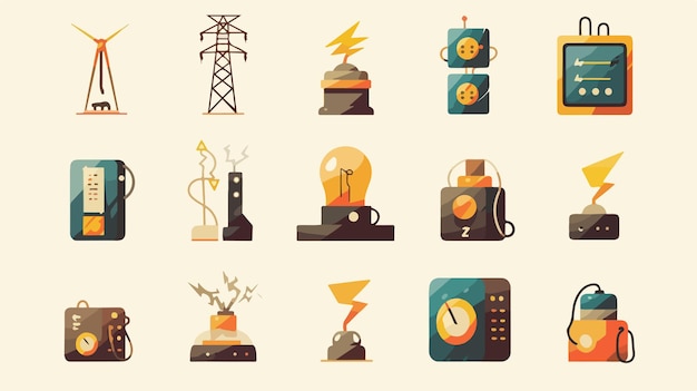 Vector electricity set icons in flat and silhouette style