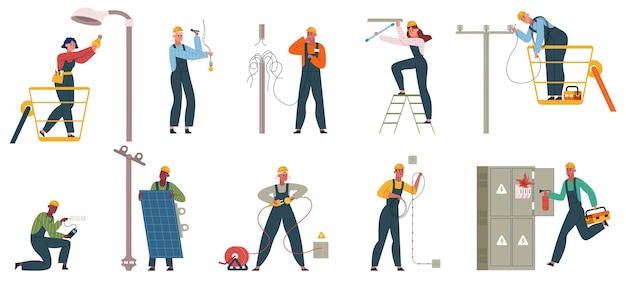 Electricity workers repair power line, changing lamp bulb. Professional electricity workers service power grids vector illustration set. Electricity repairman workflow. Fixing electrical wiring system