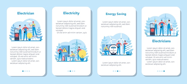 Electricity works service mobile application banner set. Professional worker in the uniform repair electrical element. Technician repair and energy saving. 