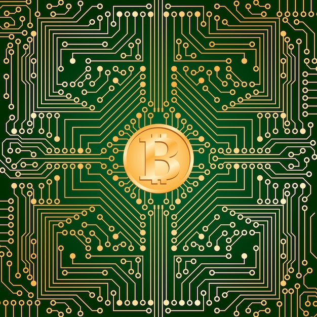 The electronic board from the computer in green color with a Bitcoin in the center.