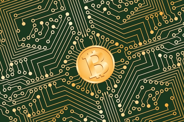 The electronic board from the computer in green color with a Bitcoin in the center.