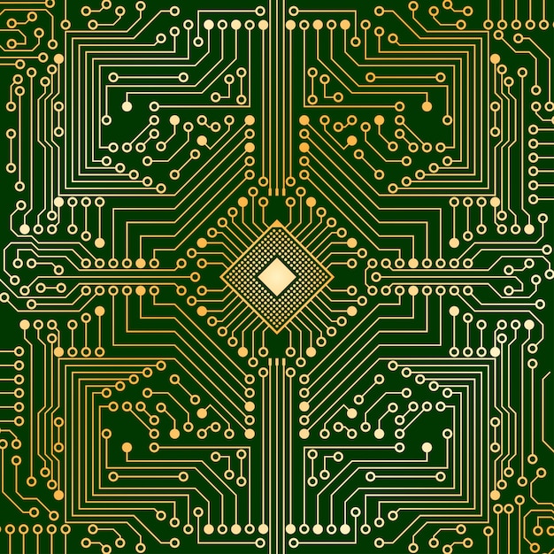 The electronic board from the computer in green and gold color with a microprocessor in the center.