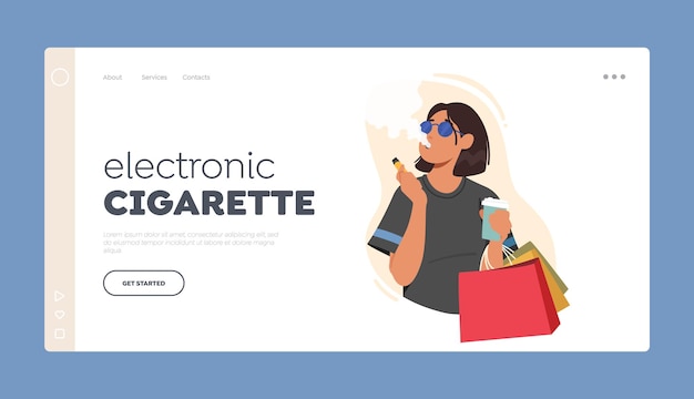 Electronic Cigarette Landing Page Template Young Woman Smoking Inhaling Smoke From Cigarette Vector Illustration