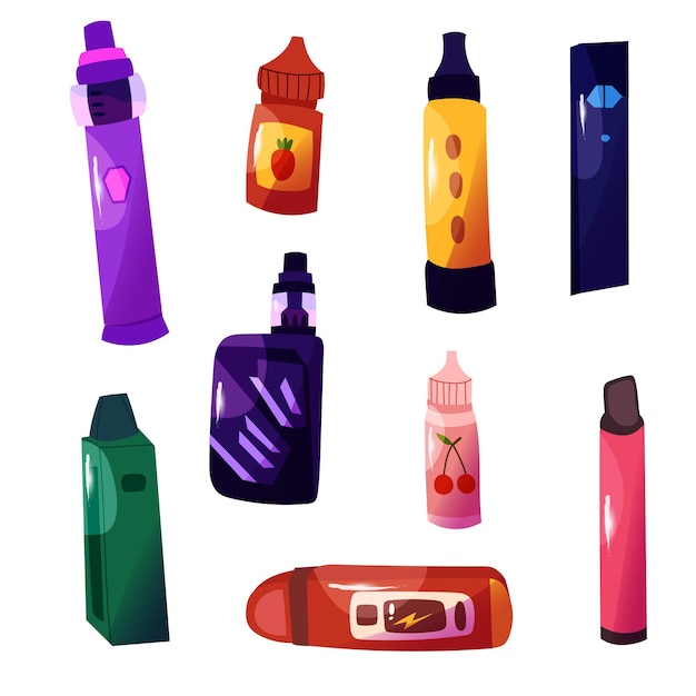 Electronic cigarettes vector icons Vape device doodle collection Various of colorful vape pens