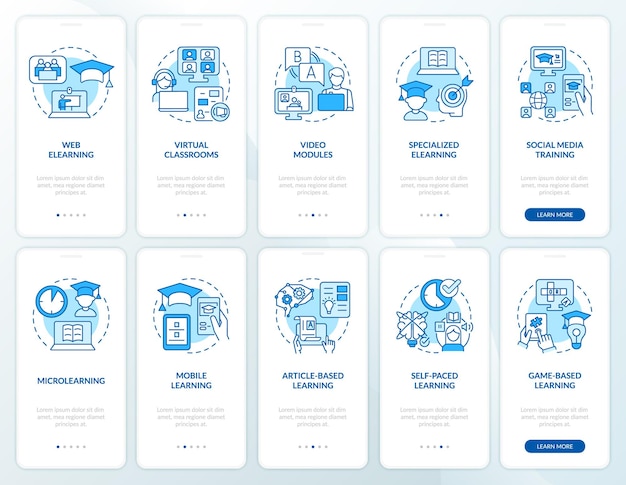 Electronic learning blue onboarding mobile app screen set