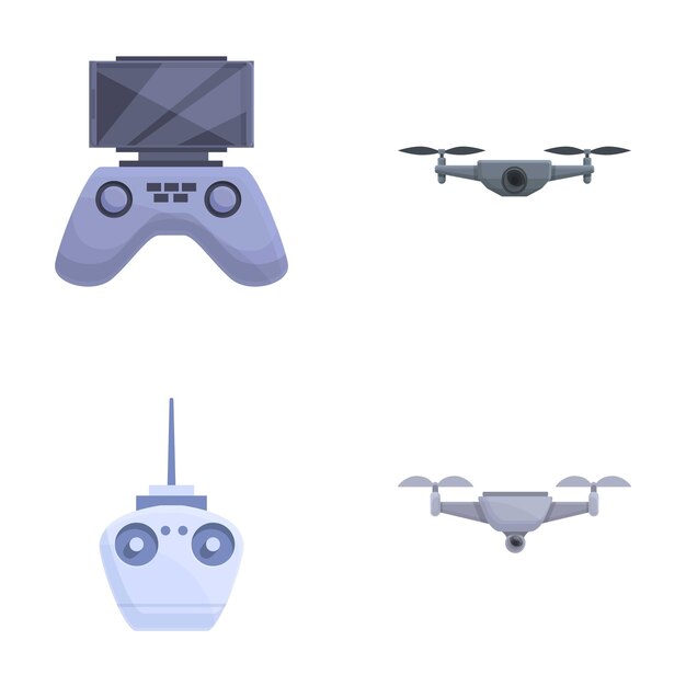 Vector electronic quadcopter icons set cartoon vector drone with integrated camera