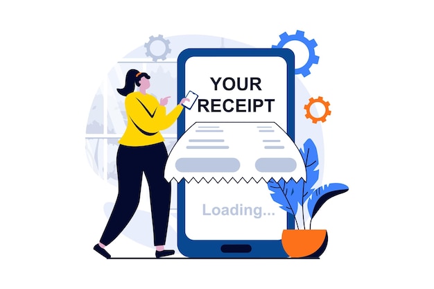 Electronic receipt concept with people scene in flat cartoon design Woman receives bill and pays online using mobile phone Banking services and transfers Vector illustration visual story for web