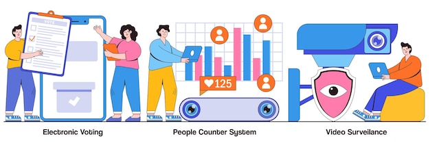 Electronic voting, people counter system, video surveillance concept with people character. Security technology, monitoring system abstract vector illustration set. IP and CCTV cameras metaphor.