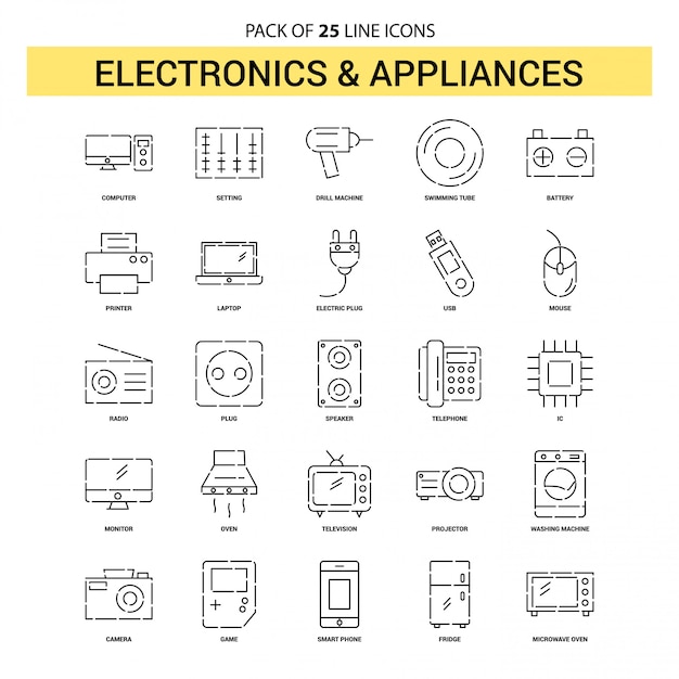 Electronics and Appliances Line Icon Set - 25 Dashed Outline Style