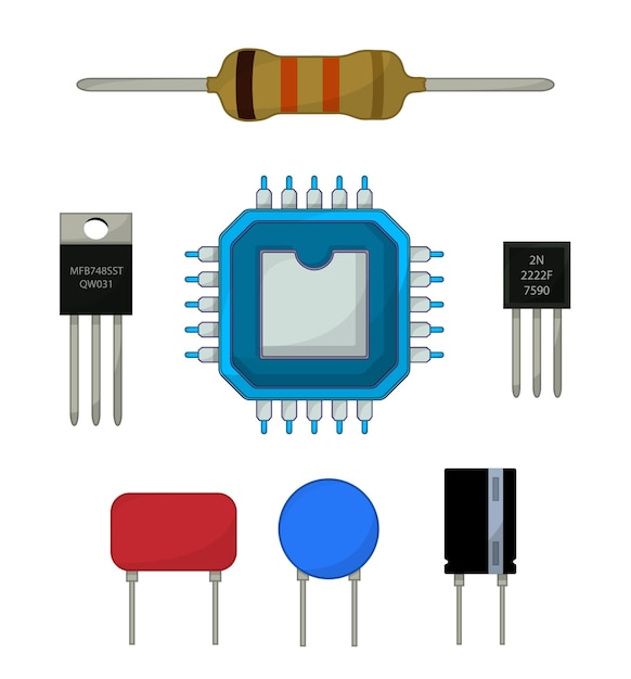 Electronics components icons set, cartoon set of resistor, ic, transistor, capacitor and voltage reg