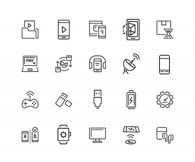 Electronics icons. Set of twenty line icons. Mobile phone, data storage, satellite.