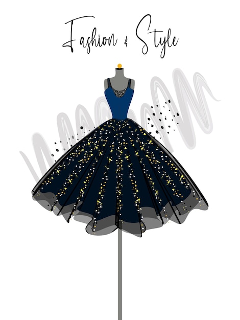 A elegance black and blue dress on mannequin fashion illustration