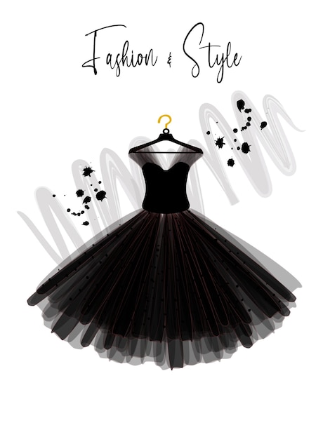 A elegance black dress on hanger fashion illustration