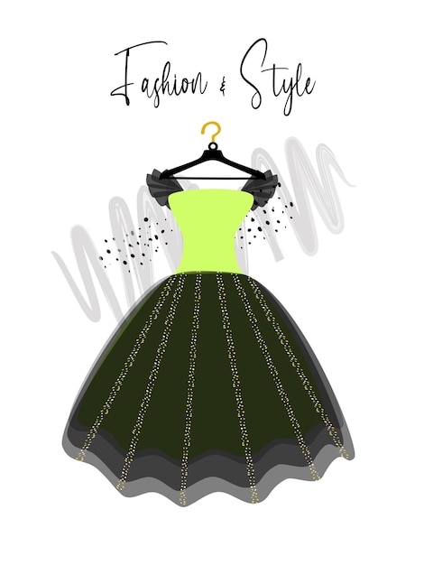 A elegance black and green dress on hanger fashion illustration