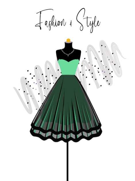 A elegance black and green dress on mannequin fashion illustration