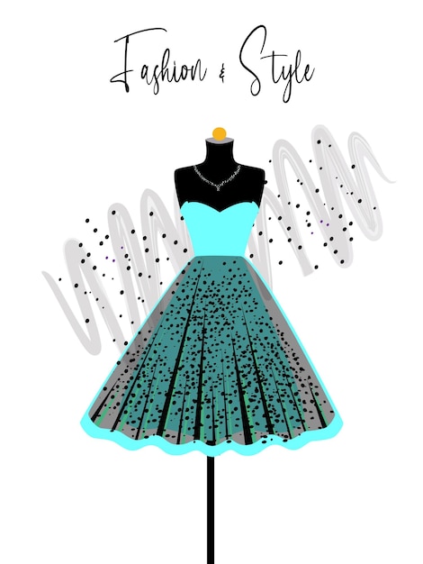 A elegance blue and black dress on mannequin fashion illustration