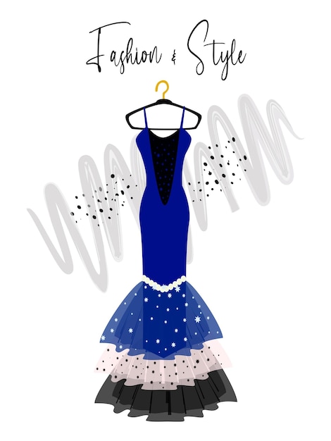 A elegance blue long dress on hanger fashion illustration