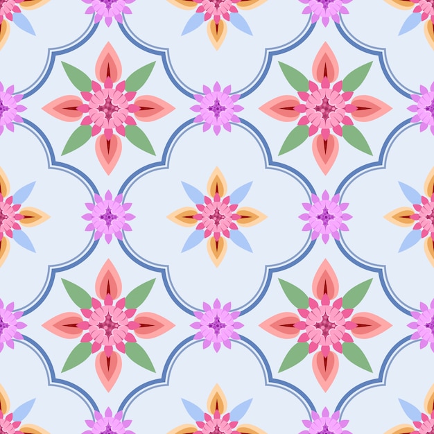  Elegance seamless pattern with ethnic flowers on blue background.