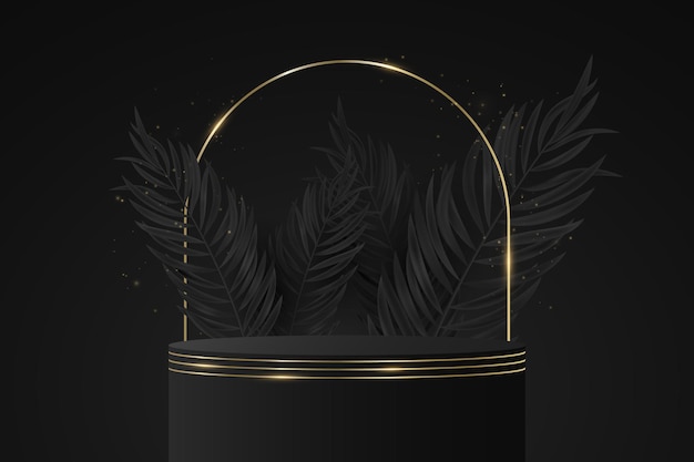 Elegant 3d vector podium with palm tree leaves Gold and black pedestal Tropical scene