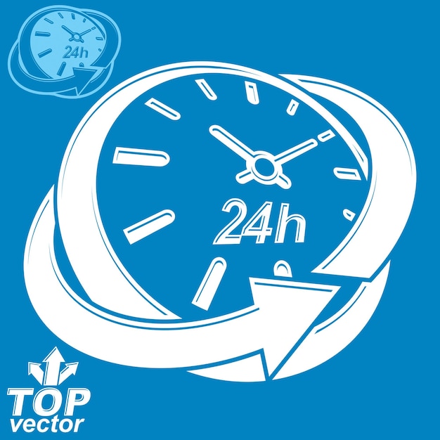 Elegant 3d vector round 24 hours clock, around-the-clock pictogram with invert version. Time idea perspective dimensional symbol. Business time management illustration.