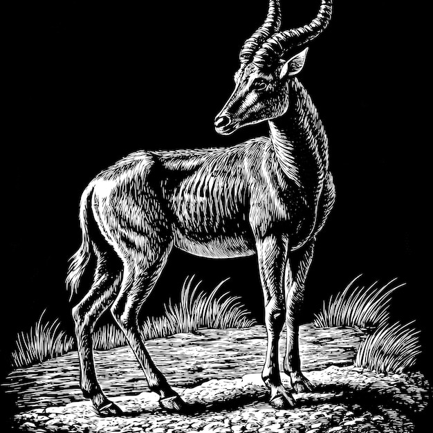 Elegant Antelope Engraving Art on Black Background Intricate Wildlife Illustration