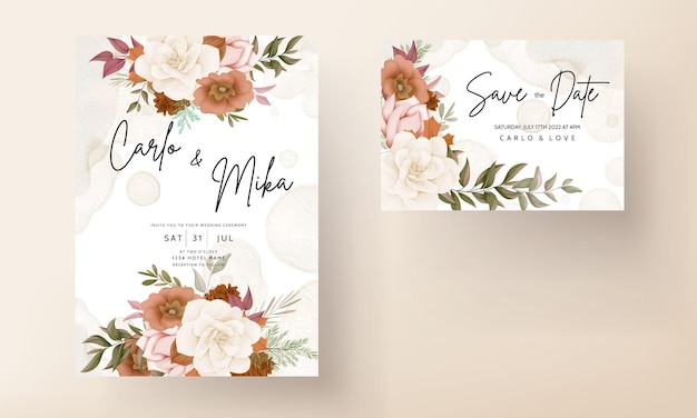 Elegant autumn floral wedding invitation card with rose and pine flower