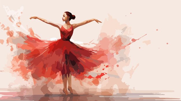 Vector elegant ballerina in red dress dancing gracefully on white paper background