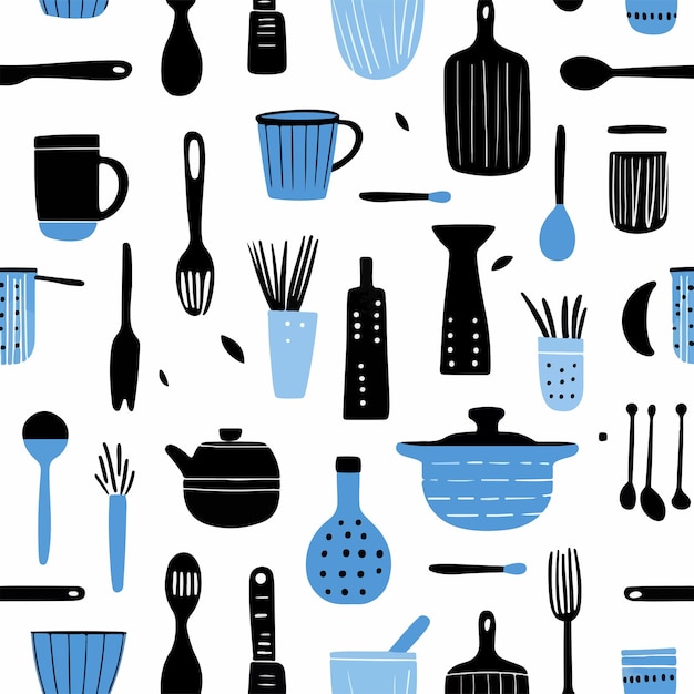 Vector elegant black and blue kitchen utensils seamless pattern