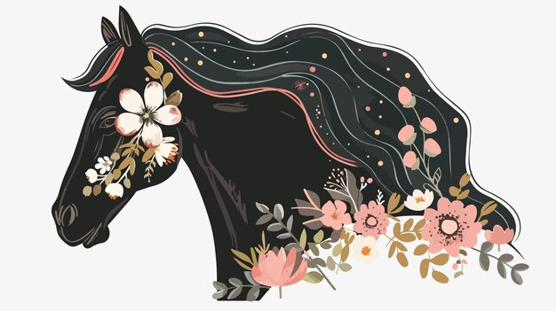 Vector elegant black horse with floral mane vector illustration