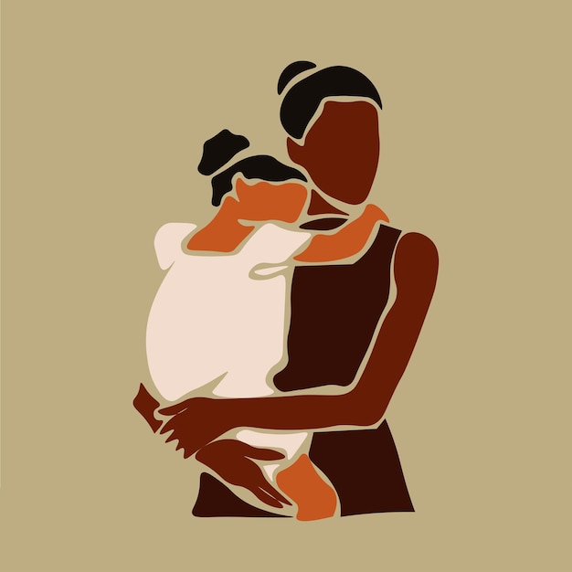 Elegant black mother carrying daughter in line art style vector