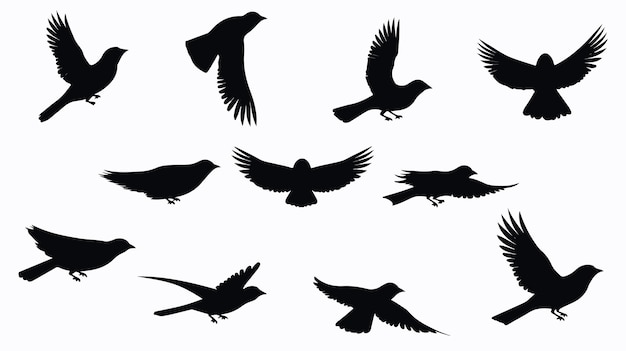 Vector elegant black silhouettes of flying birds on white background