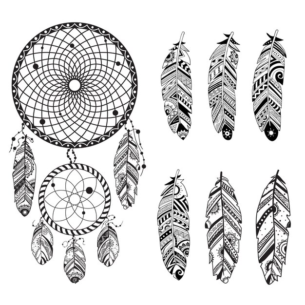 Vector elegant black and white dreamcatcher design with detailed feathers and intricate patterns