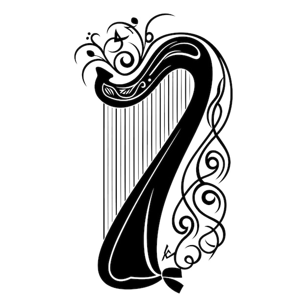 Vector elegant black and white illustration of a celtic harp with intricate floral details