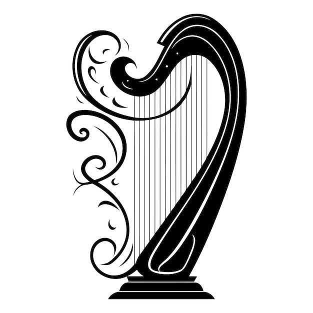 Vector elegant black and white illustration of a harp with intricate floral details