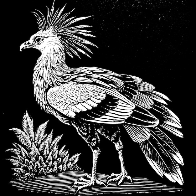 Elegant Black and White Illustration of a Majestic Bird with Detailed Feathers and Spiky Crest