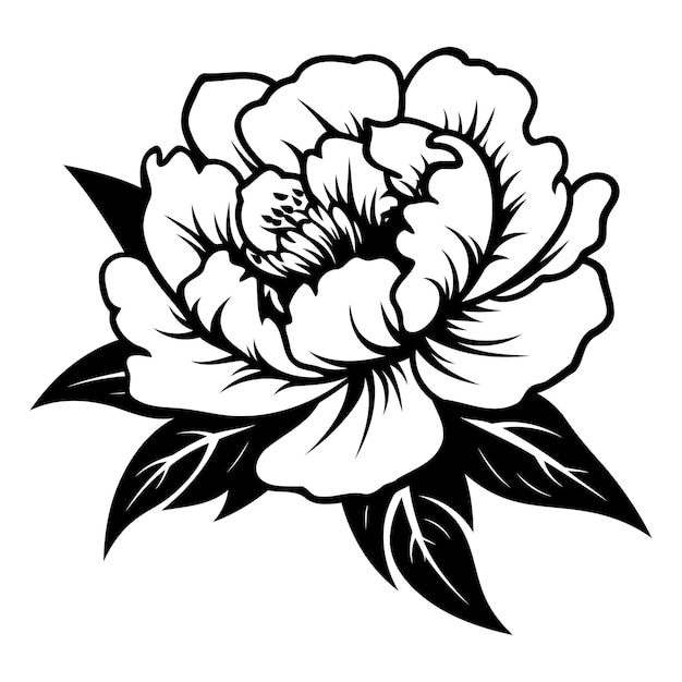 Elegant black and white line art illustration of a single peony flower