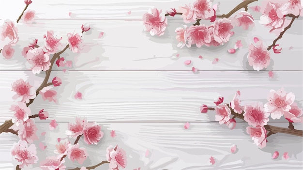 Vector elegant blossoming branches on white wooden background