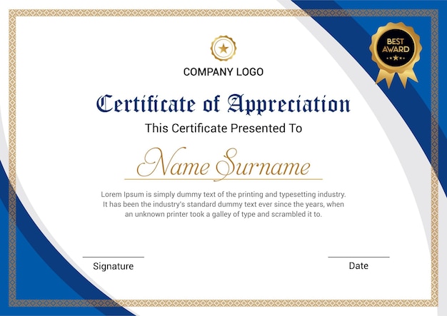 Elegant blue and gold diploma certificate template design