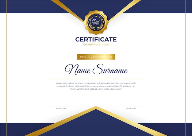 Elegant blue and gold diploma certificate template with gold badge and border