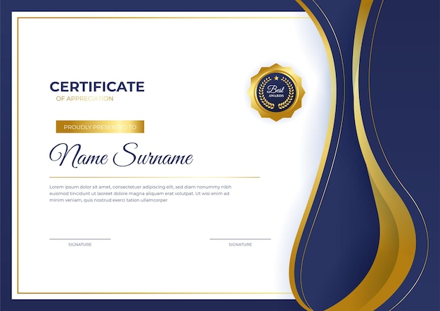 Elegant blue and gold diploma certificate template with gold badge and border