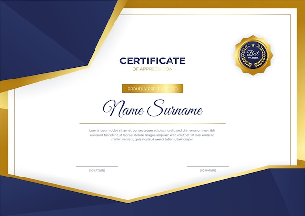 Elegant blue and gold diploma certificate template with gold badge and border